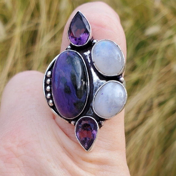 New Charoite, Rainbow Moonstone, and Amethyst 925 Silver Ring. - Picture 11 of 16